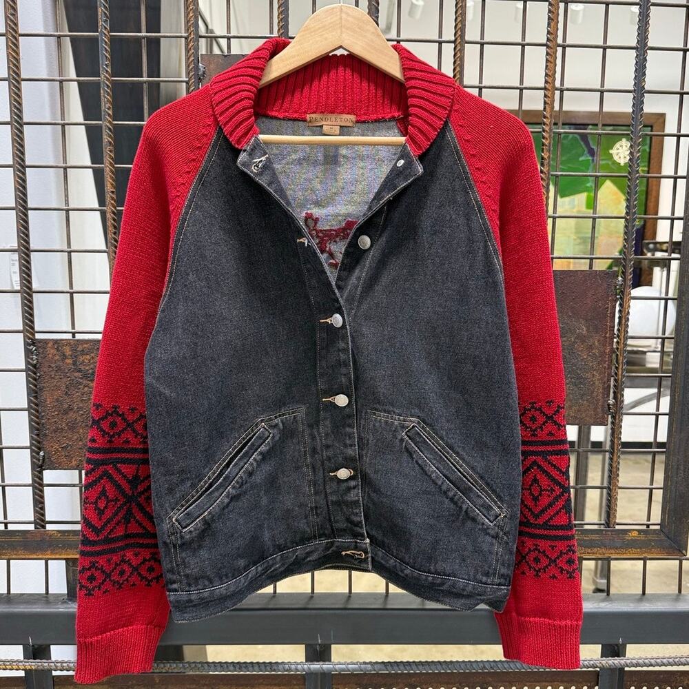 Pendleton Mens Medium Wool Knit Denim Cowboy Rodeo Trucker Jacket Red Grey Aztec